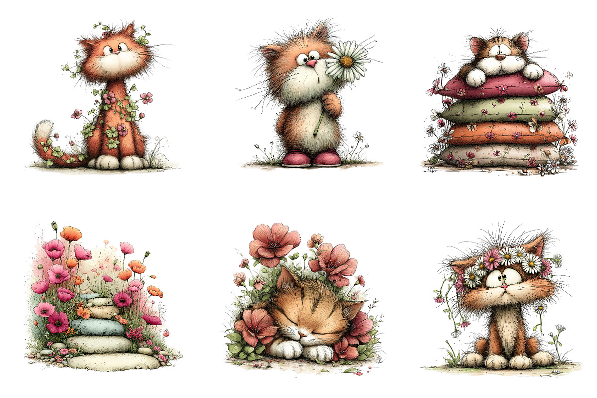 Whimsical cat pring floral clipart, an Illustration by CreationArt (Photo 4 of 7)
