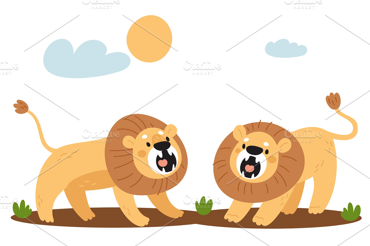 Two angry lions fighting in wild, an Animal Illustration by Vectorbuum