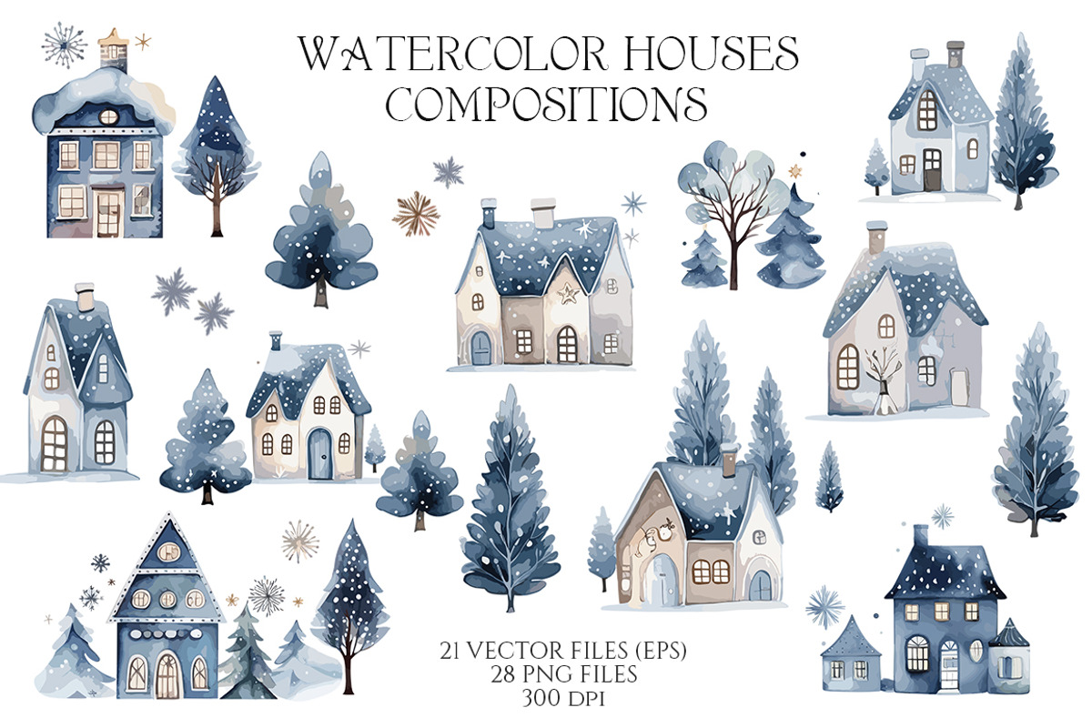 Watercolor Winter Blue houses, an Object Illustration by Evgeniia (Photo 5 of 6)