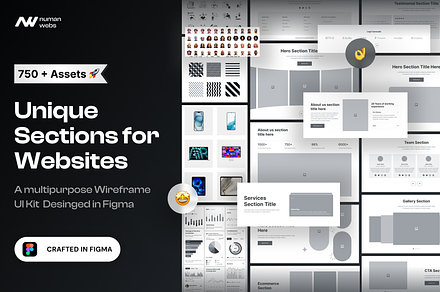 Unique Website Sections Kit in Figma, a Wireframe Template by nwdigitalstore