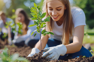 Young woman with gloves planting, a Nature Photo by MistyDay