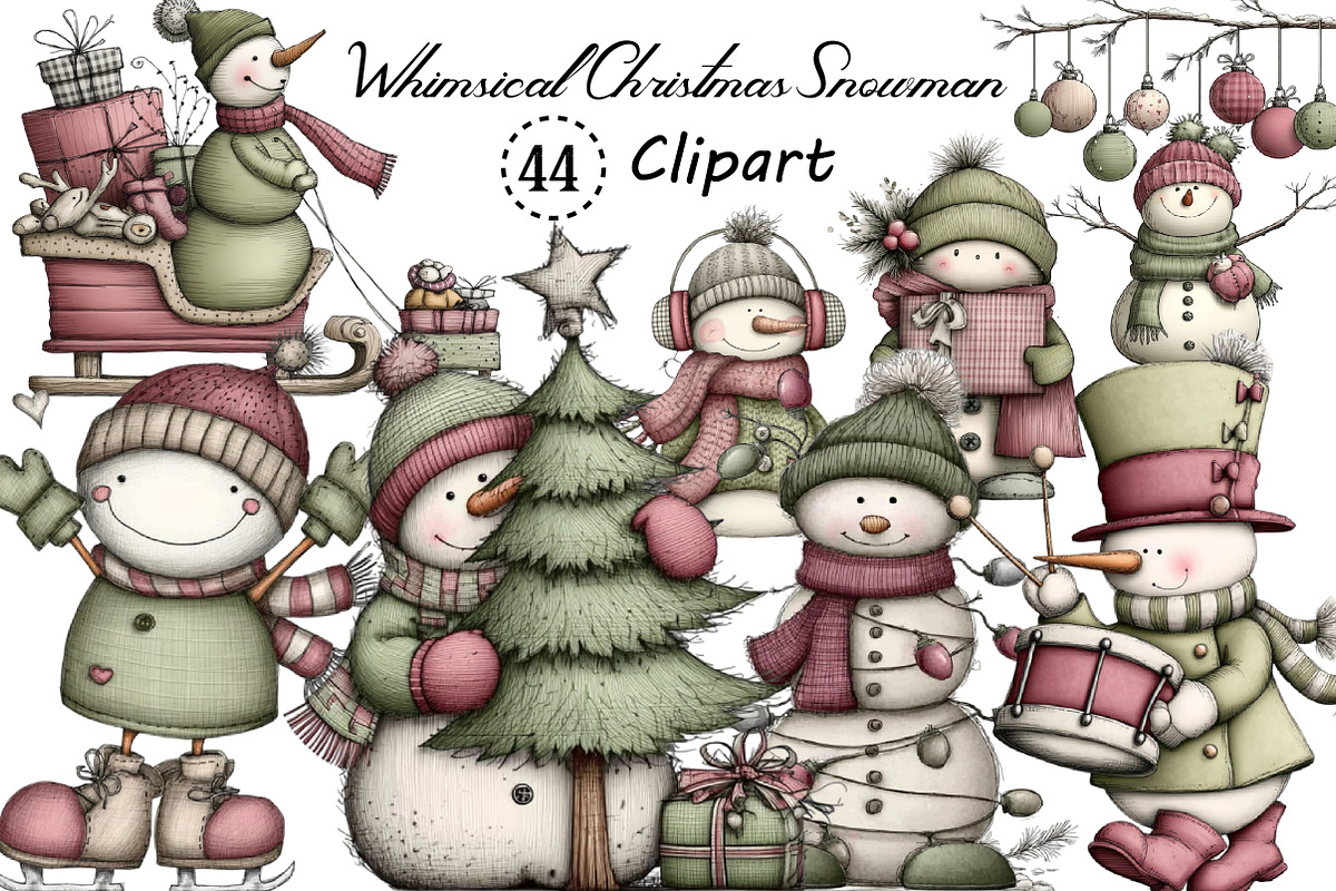 Whimsical Christmas Snowman Clipart, an Illustration by Creative Art (Photo 1 of 8)