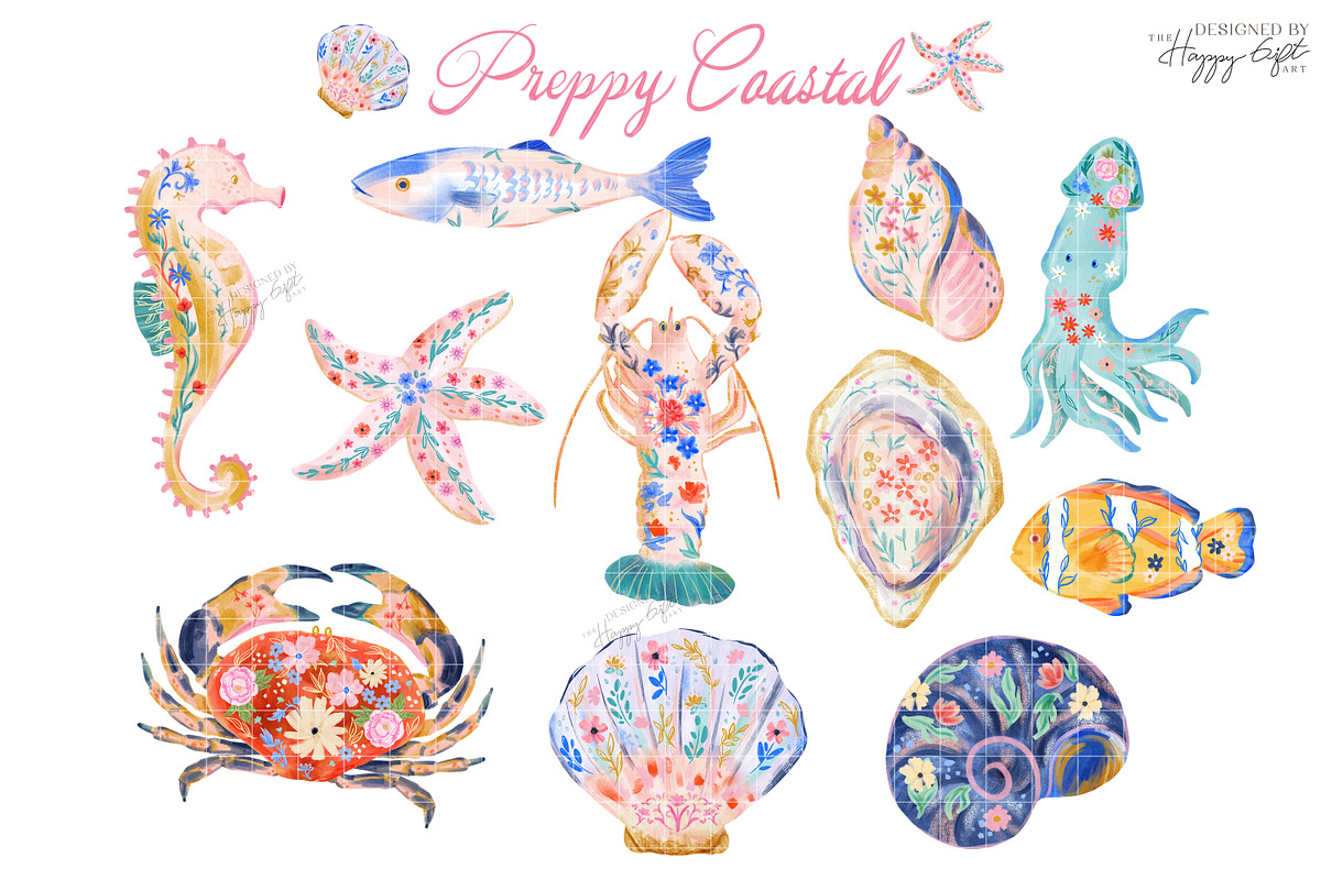Preppy Coastal Watercolor Clipart, a Decorative Illustration by TheHappyGiftArt (Photo 3 of 10)