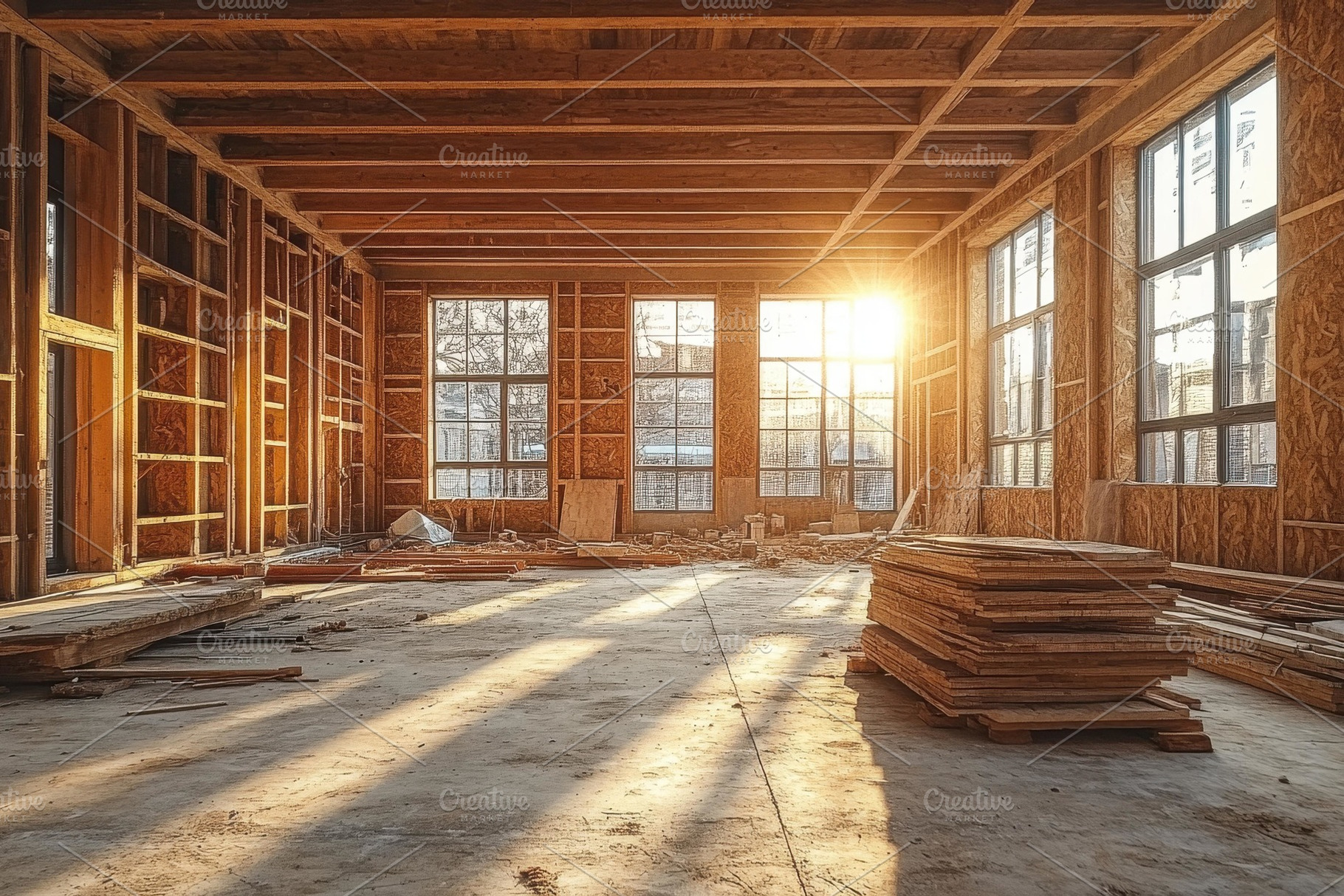 Bright sunlight streams into an empt, a Photo by Tanuart