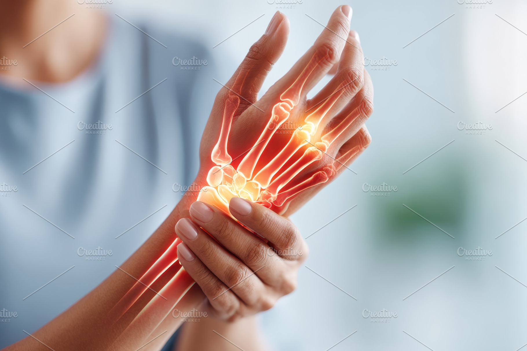 Glowing skeletal overlay on painful wrist, a Health & Medical Photo by AlyaAnd