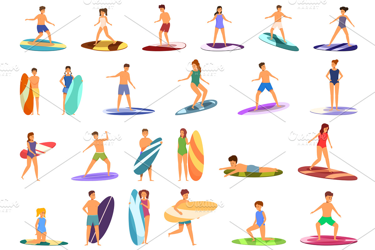 Children surfing icons set cartoon, a Sport Illustration by Ylivdesign