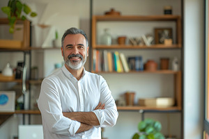 Portrait of mature businessman in home office, a Photo by AlyaAnd