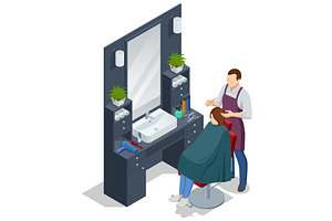Isometric a barber cuts a customer's, an Object Illustration by Golden Sikorka