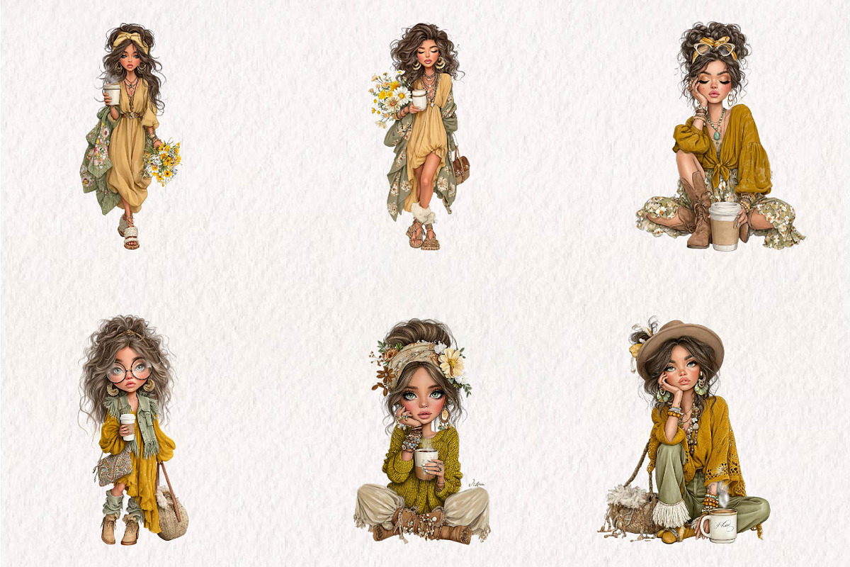 Boho Whimsical Coffee Girl Clipar, a Seasonal Illustration by CreationArt (Photo 4 of 7)