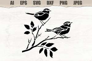 Stencil Birds on Branch, a Decorative Illustration by MARYCRAFTIRIA