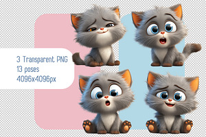 Set of 3d Fluffy Gray Kittens, an Animal Illustration by Ocean Digital Art