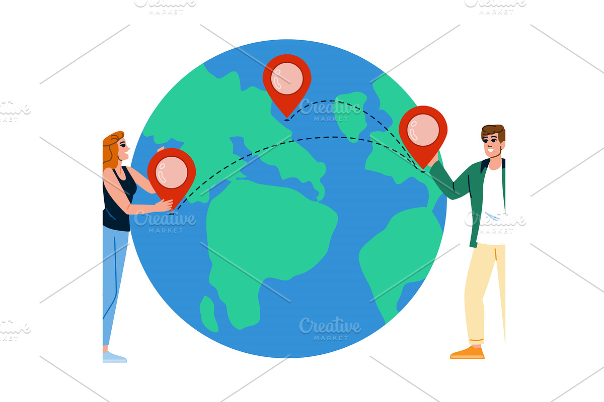 Coworkers planning travel route with, a Transportation Illustration by pikepicture