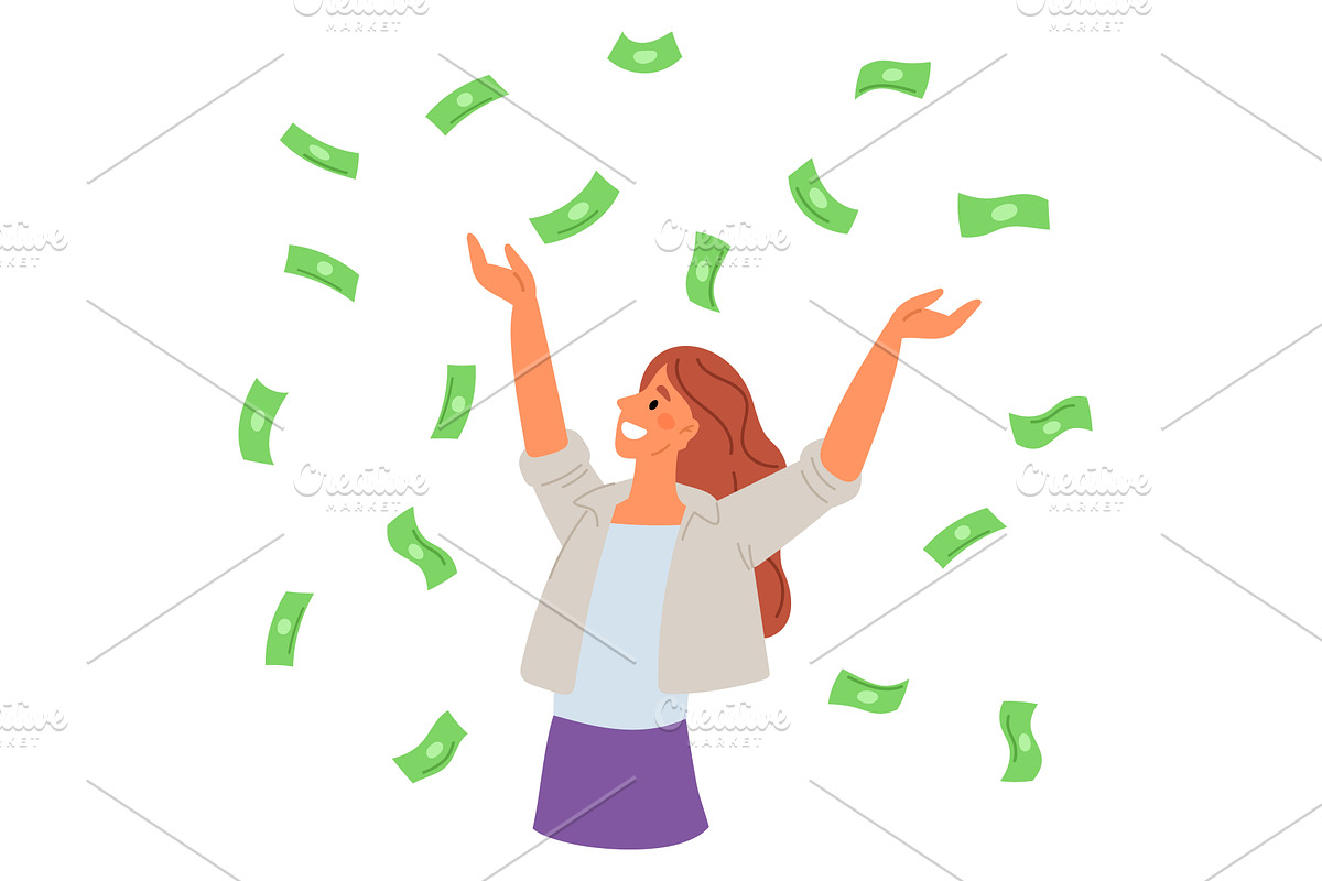 Joyful girl catching green paper, a Finance Illustration by Vectorbuum