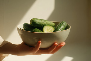 Handheld bowl of fresh cucumbers, a Photo by Beautiful things