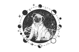 Cute Pug-dog Over Mystical Vector