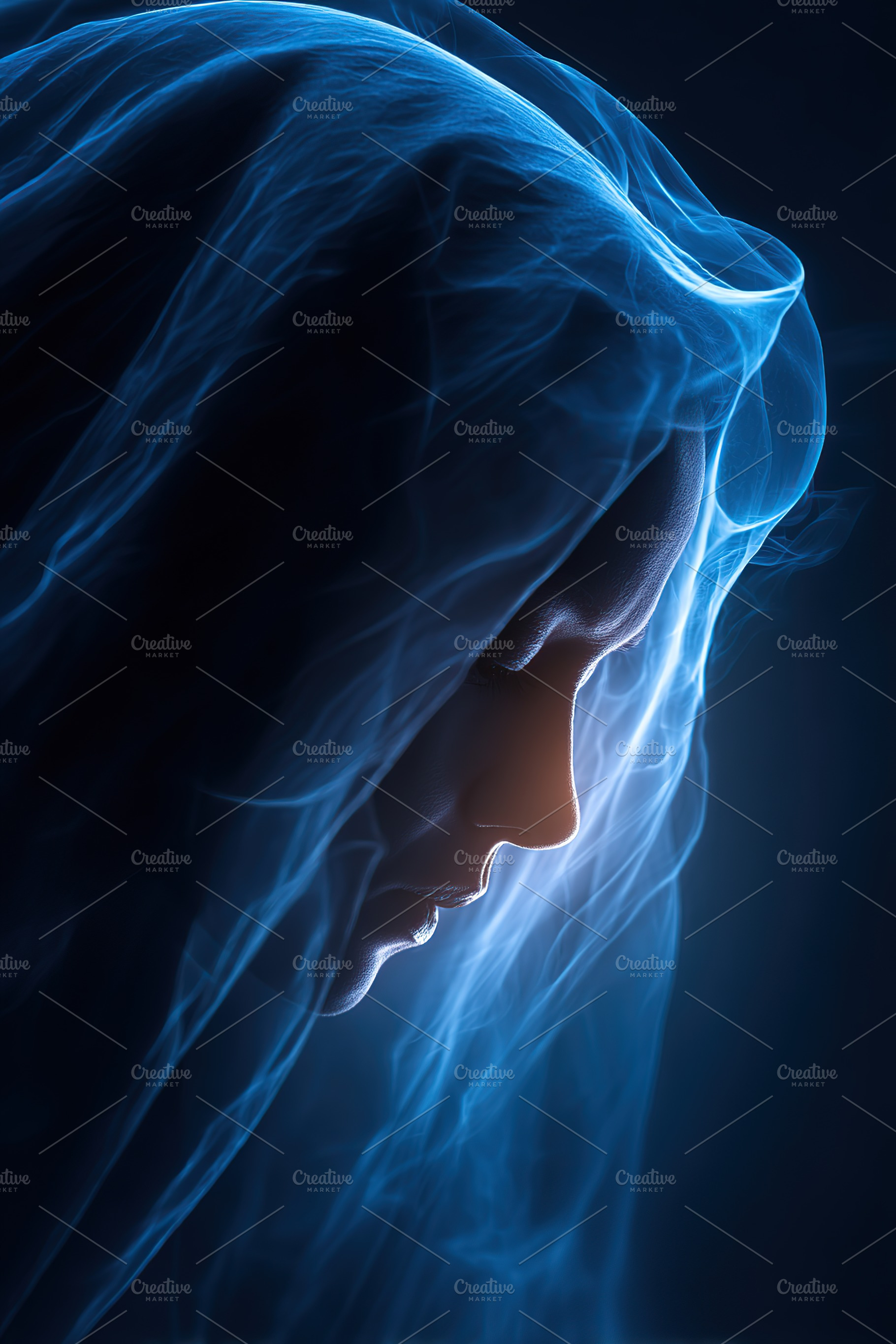 Ethereal silhouette with flowing veil illuminated by soft blue light in a dark, an Arts & Entertainment Photo by AlyaAnd