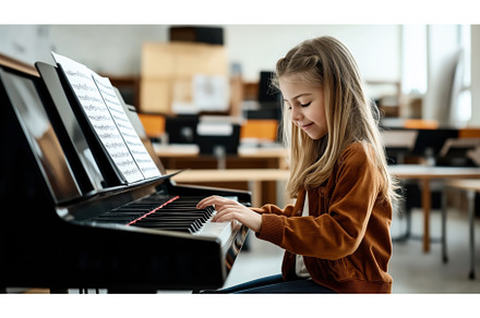 Young girl playing the piano with, a School & Education Photo by Sergey Kotenev