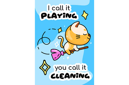 Cute cat on broomstick poster, a Poster Template by The img