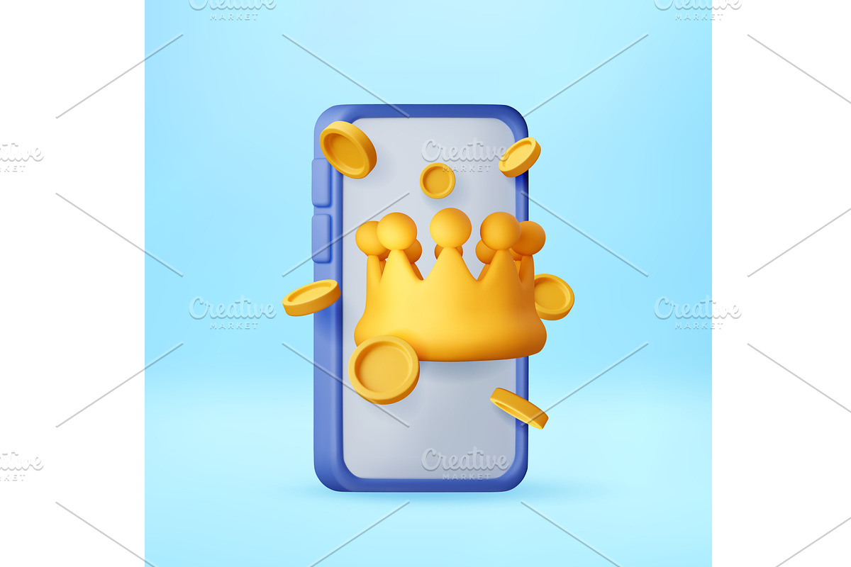 3D Golden crown and coins on mobile, a Technology Illustration by Abscent