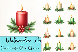 Christmas Candle with Pine Branch Cl, an Illustration by CrexoraLab