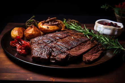 BBQ meat with vegetables on wooden table, a Food & Drink Photo by AlyaAnd