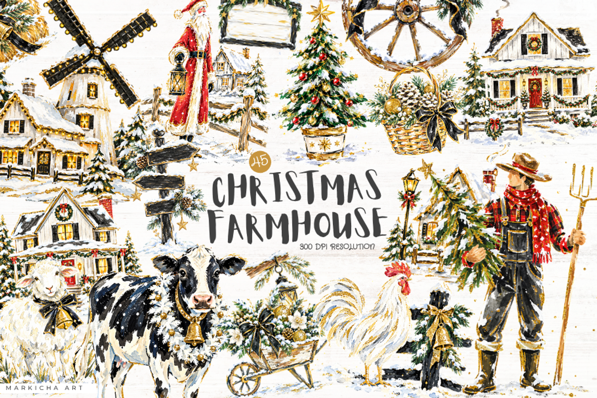 Christmas Farmhouse Clipart, a Seasonal Illustration by Markicha Art (Photo 1 of 5)