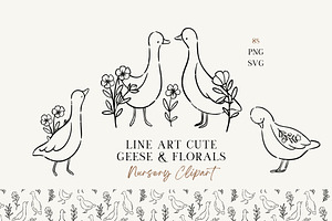 Line Art Cute Geese & Florals, an Animal Illustration by Jenteva Art