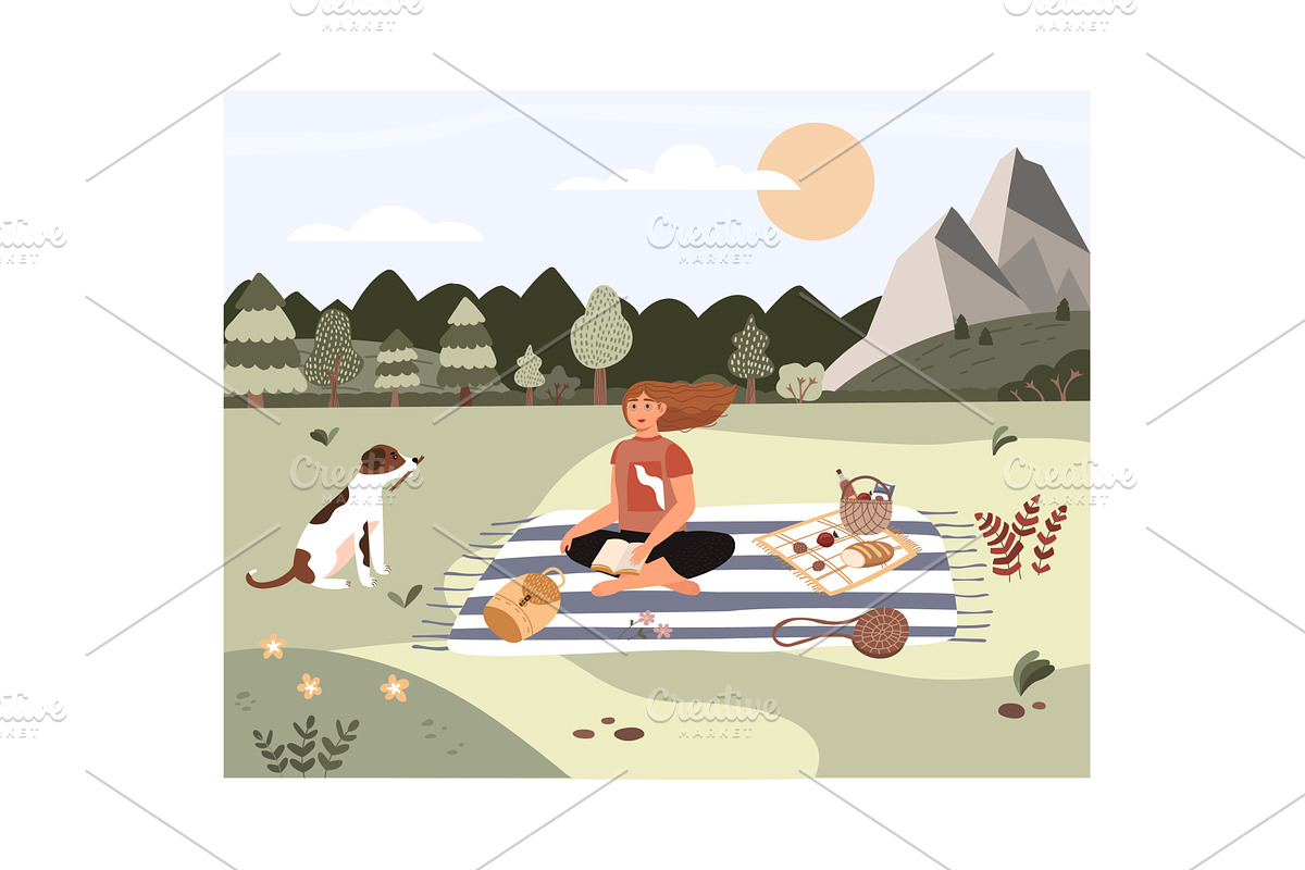 Woman with dog on picnic in mountain, an Illustration by vectorpointstudio
