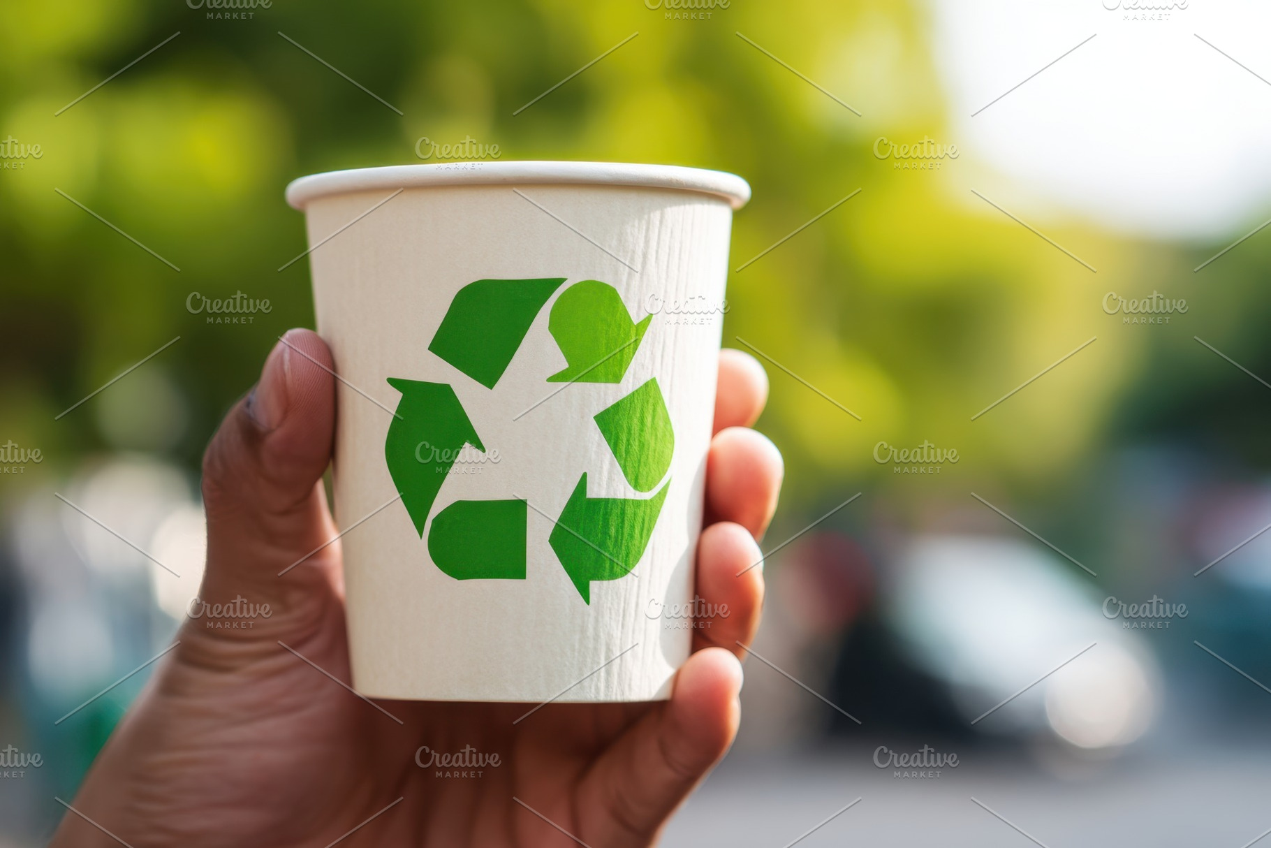 Hand holding recyclable paper cup with green symbol, a Food & Drink Photo by AlyaAnd