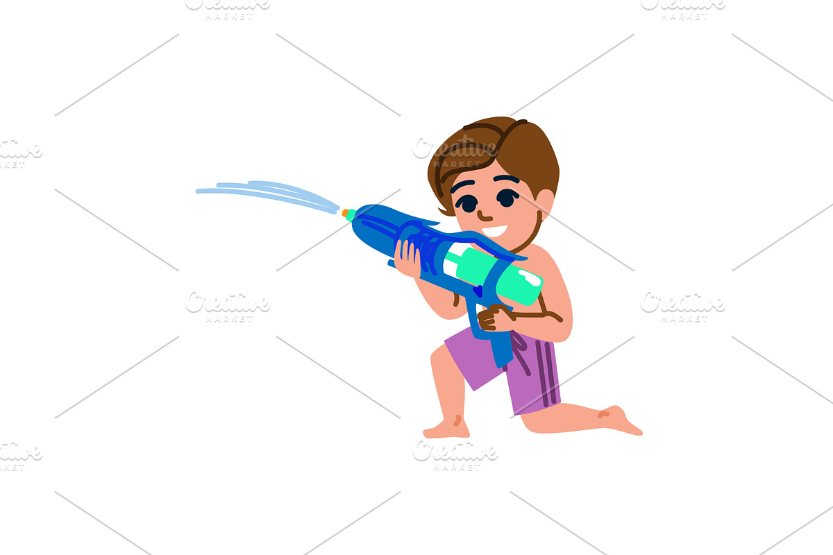 Child playing with water gun and, an Illustration by pikepicture