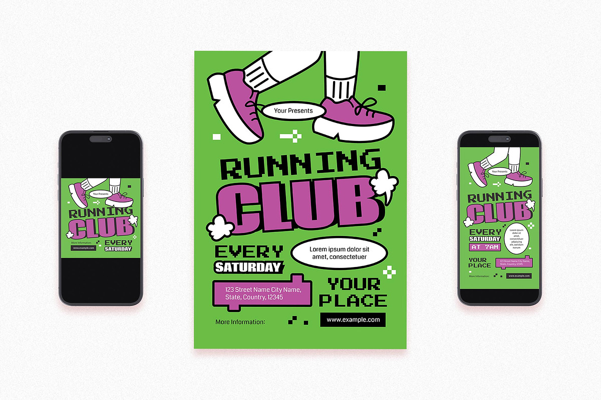 Green Doodle Running Club Flyer Set, a Flyer Template by Aiyari Graphic (Photo 1 of 3)