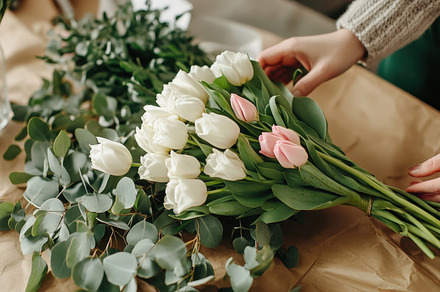 Arranging tulip bouquet with greens, a Photo by Beautiful things