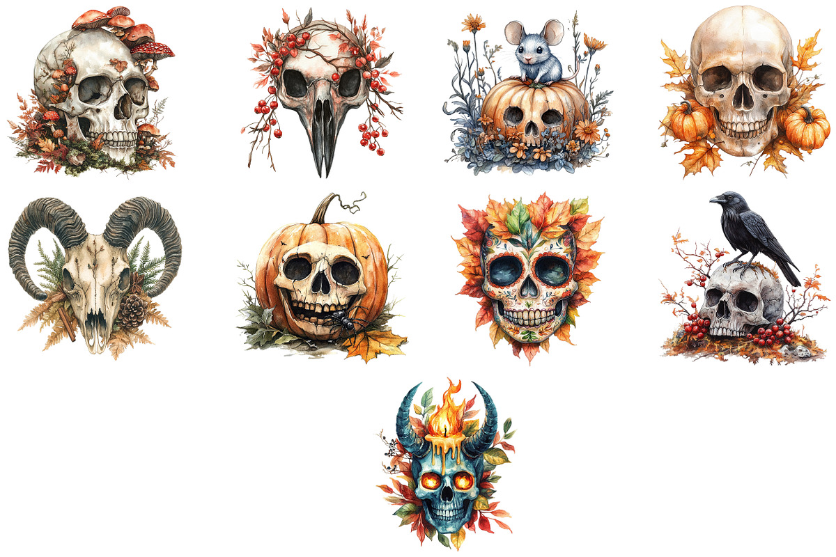 Autumn Skulls Clipart PNG Set, an Illustration by Craft Nest (Photo 4 of 4)
