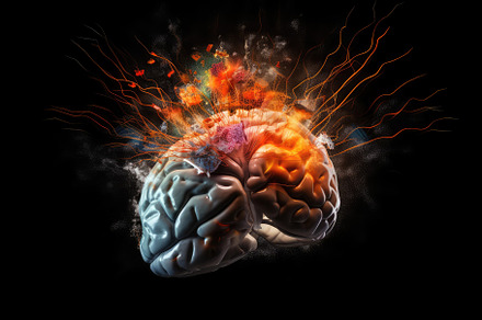 Brain with colorful powder explosion on a dark background. Mental health, creat, a Photo by José Manuel Gelpi