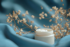 Delicate cream jar with blue fabric, a Photo by Pavel_design