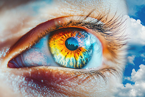 Vibrant eye reflecting a colorful sky with clouds during a bright day, a Photo by AlyaAnd
