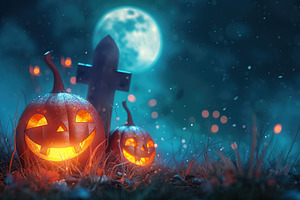 Glowing Jack O Lantern halloween pumpkin on spooky dark backgrou, a Holiday Photo by AlyaAnd