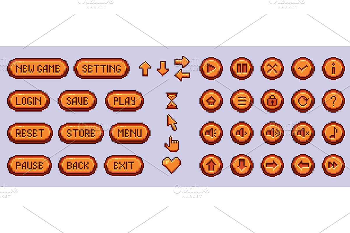 Pixel game button interface set, an Object Illustration by art PVP - market