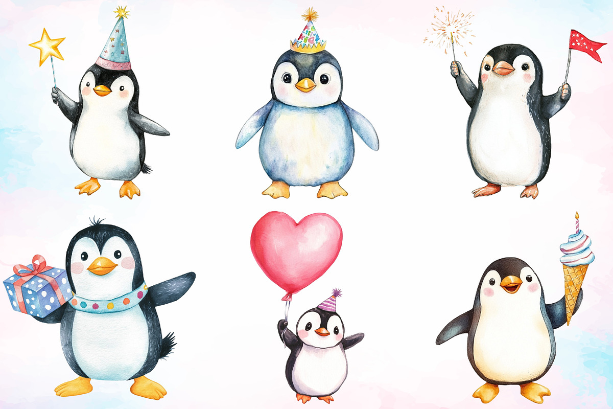 Watercolor Cute Baby Penguin Birthda, an Animal Illustration by Canvas Craft (Photo 2 of 3)