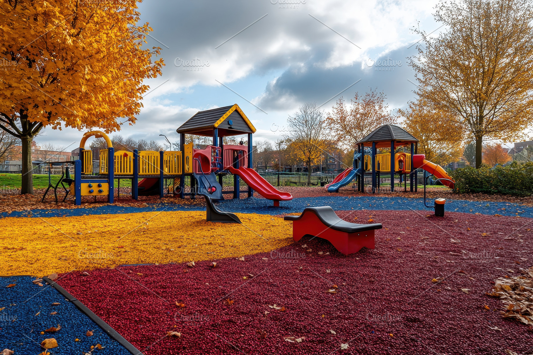 Colorful playground with slides and, a Photo by Tanuart