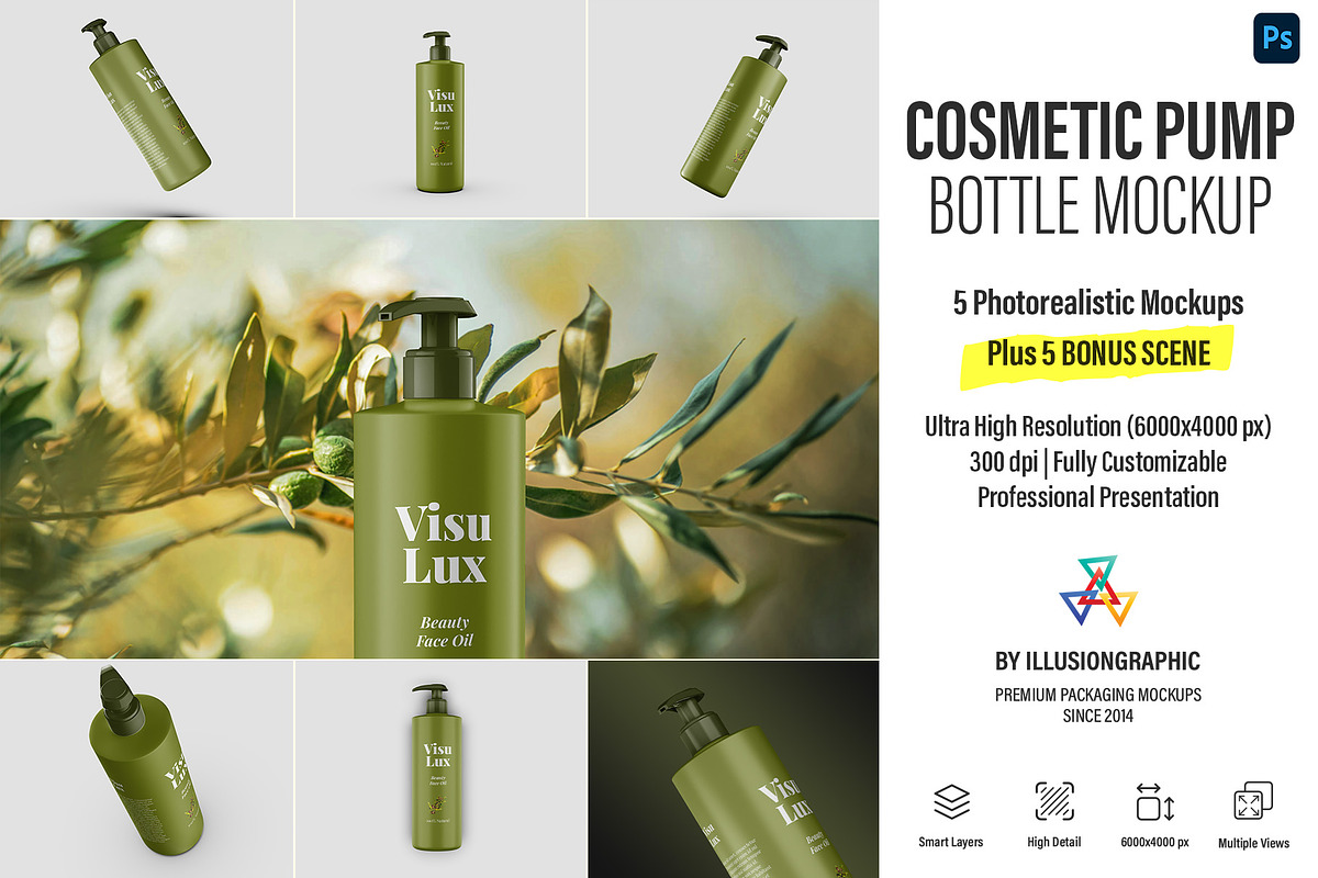 Cosmetic Pump Bottle Mockup 5 Views, a Cups & Container Mockup by Illusiongraphic (Photo 1 of 22)