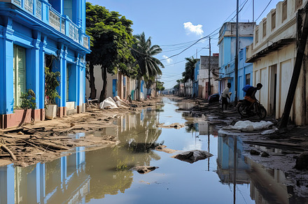 Flooding in an African country, with washed out roads and rubbish on street