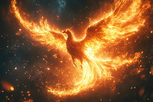 Majestic phoenix soaring through the, a Photo by Tanuart