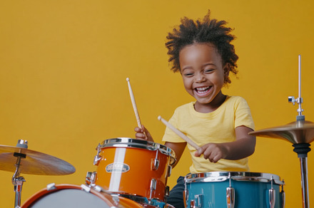 Happy Kids Playing Drums with Joyful Expressions