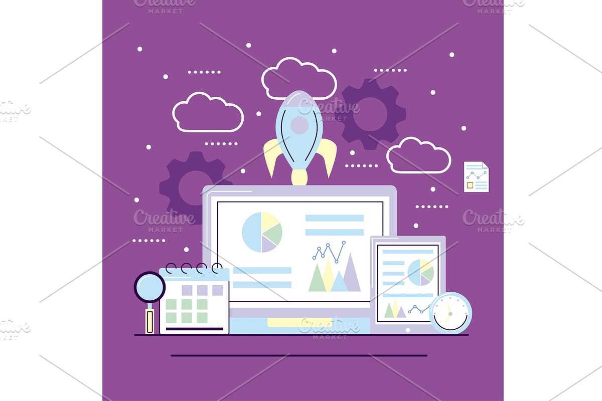 rocket and devices with analytics, an Object Illustration by studiogstock
