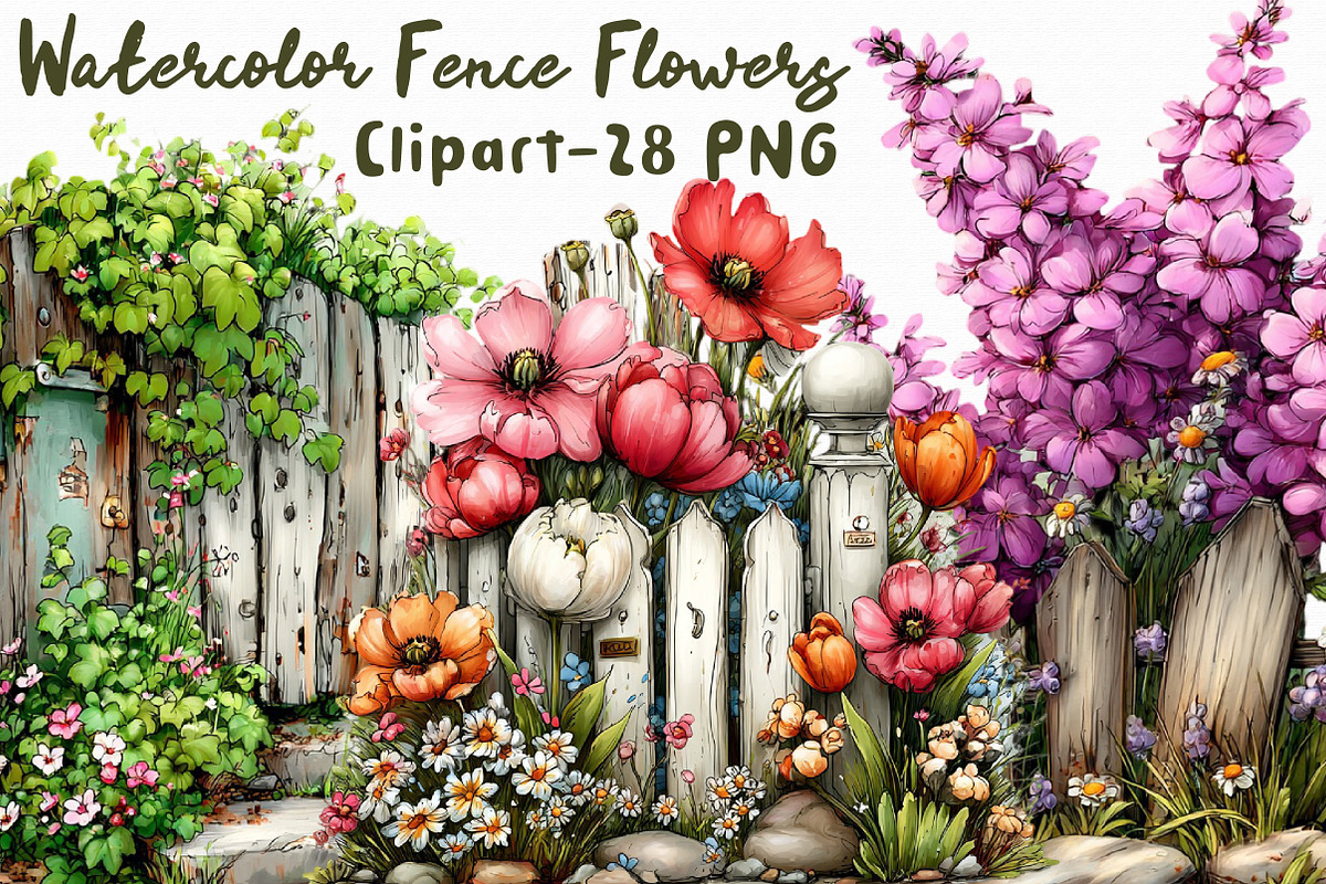Watercolor Fence Flowers Clipart, an Illustration by Libby Wishes (Photo 1 of 7)