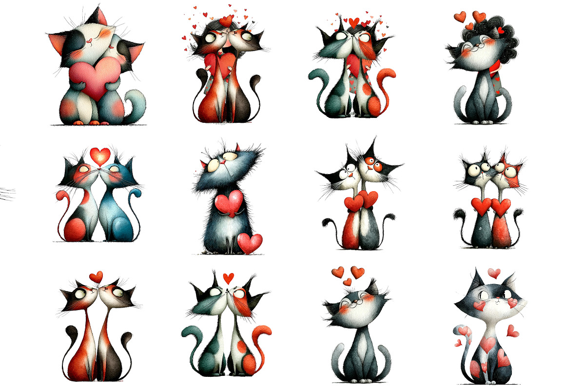 Whimsical Valentine Cats Clipart, an Illustration by DreamArtGraphic (Photo 2 of 4)