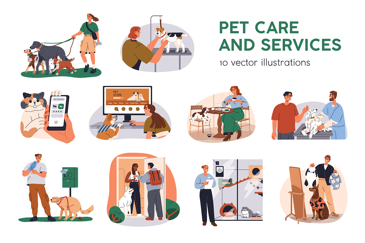Pet care. Cats and dogs services set, an Animal Illustration by Good Studio (Photo 1 of 11)