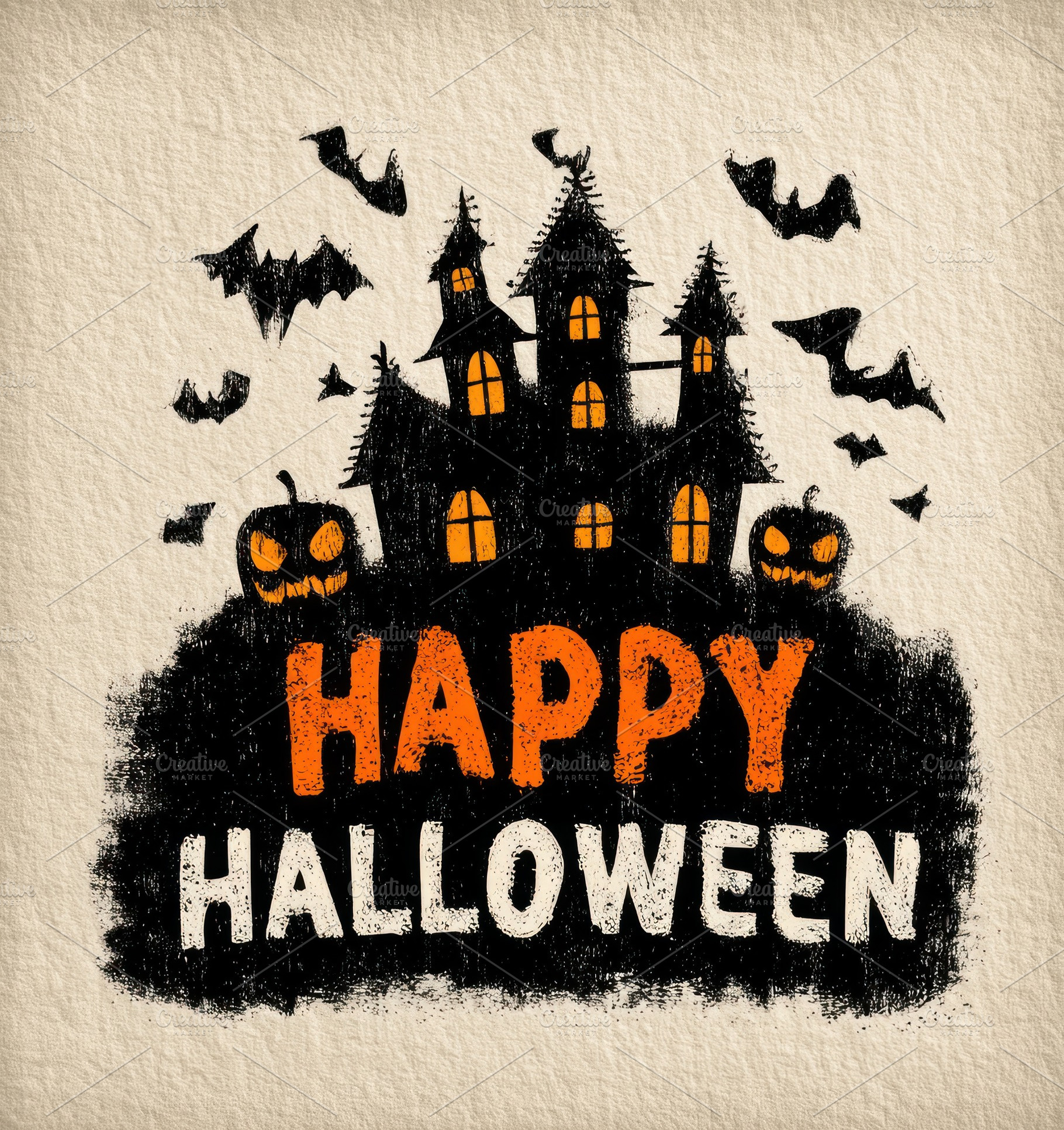Spooky Halloween illustration with haunted house, flying bats, g, a Holiday Photo by José Manuel Gelpi