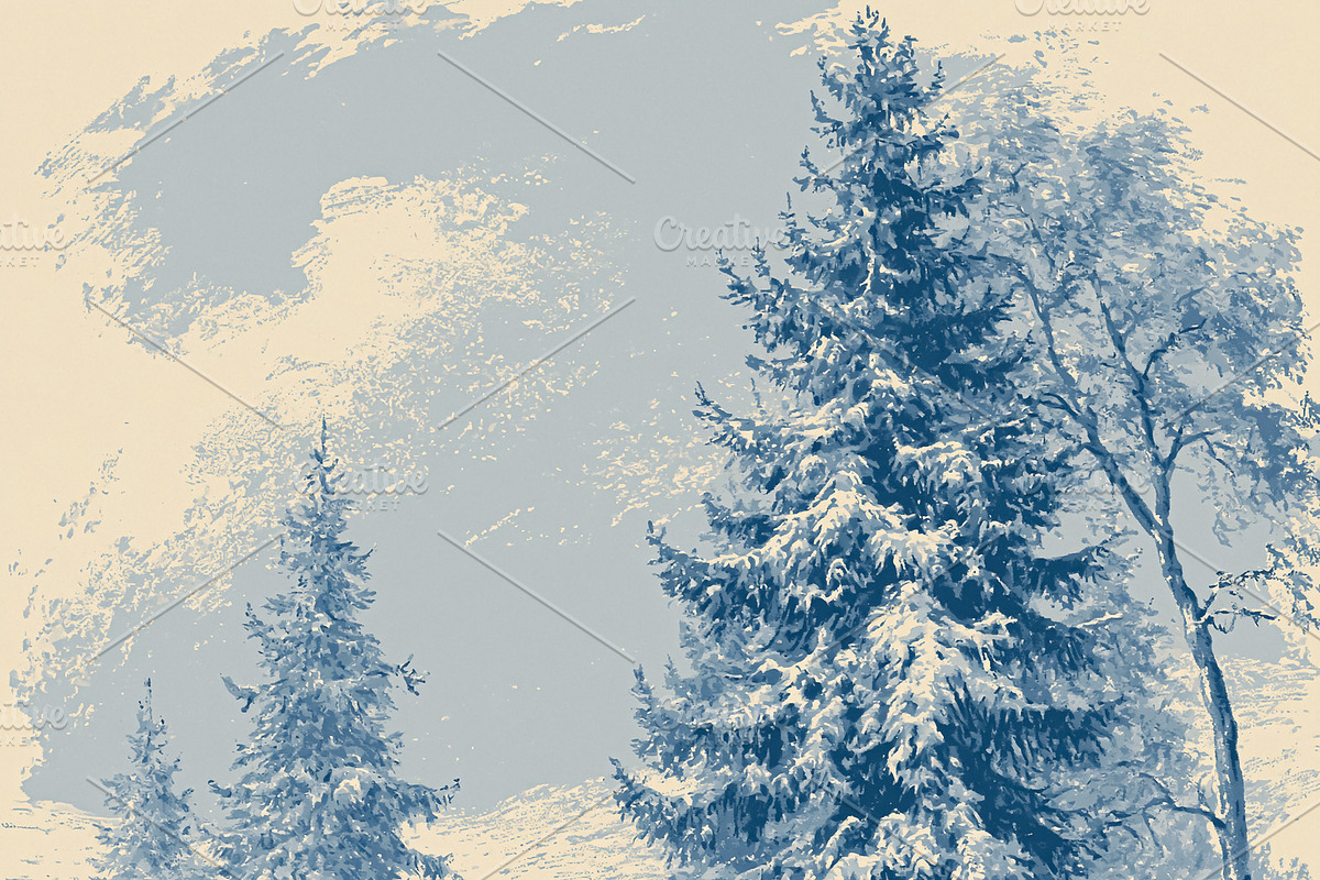 Winter landscape with snow covered pine trees and forest path, a, an Illustration by Studio ANNA